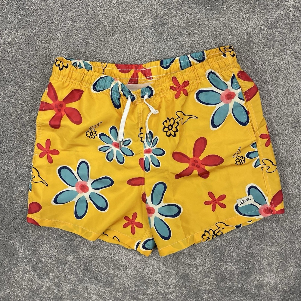 Bather Shorts Mens Large Gold Perennial Floral Print Swim Trunks 5" Inseam